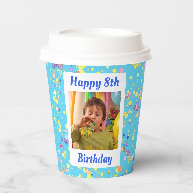 Child’s Birthday Photo Watercolor Confetti Themed Paper Cups (Front)