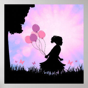 Child Silhouette Balloons Butterflies Wall Art