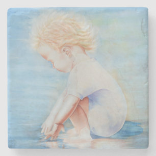Child toddler on beach lakefront water scene stone coaster