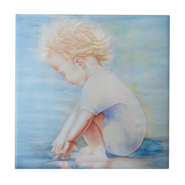 Child toddler on beach lakefront water scene  tile (Front)