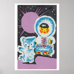 Child with Bear Matchbox Art Print, Russian Poster