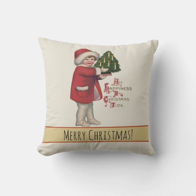 Child with Christmas Tree Vintage Illustration Art Cushion (Front)