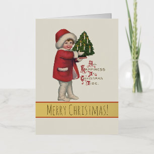 Child with Christmas Tree Vintage Illustration Art Foil Holiday Card