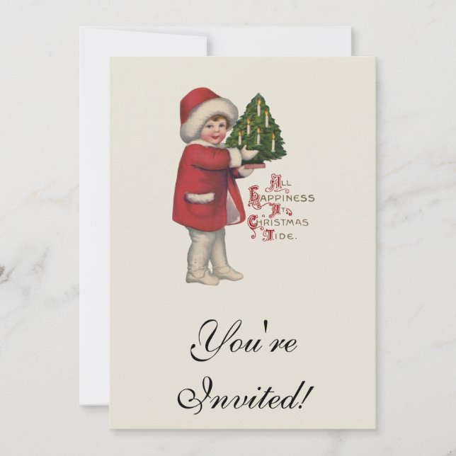 Child with Christmas Tree Vintage Illustration Art Invitation (Front)