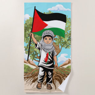 Child with Keffiyeh Palestine Flag and Olive Tree Beach Towel