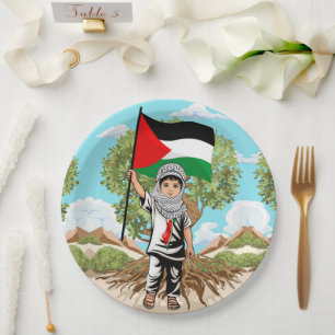 Child with Keffiyeh Palestine Flag and Olive Tree Paper Plate