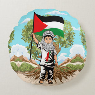 Child with Keffiyeh Palestine Flag and Olive Tree Round Cushion