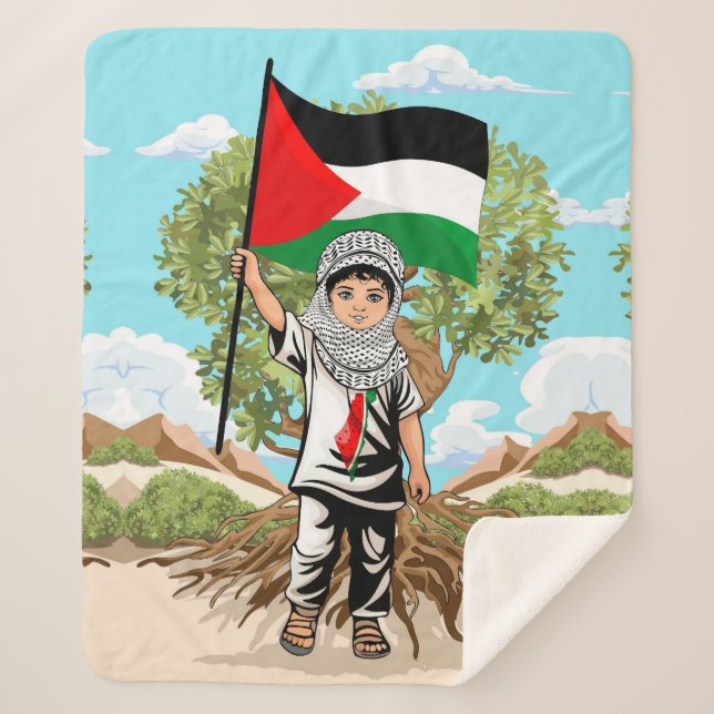 Child with Keffiyeh Palestine Flag and Olive Tree  Sherpa Blanket (Front)