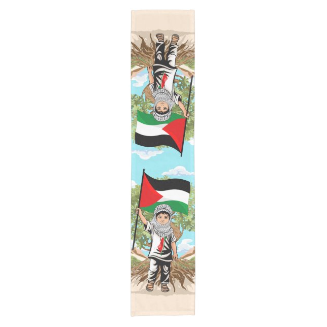 Child with Keffiyeh Palestine Flag and Olive Tree  Short Table Runner (Front)