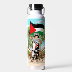 Child with Keffiyeh Palestine Flag and Olive Tree Water Bottle