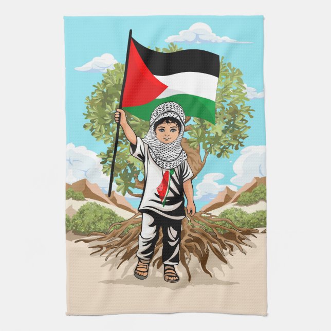 Child with Keffiyeh Palestine Flag  Tea Towel (Vertical)