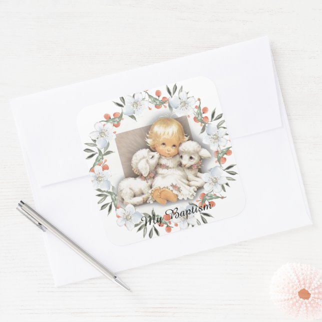 Child with lamb  - Batism  Invitation Square Sticker (Envelope)