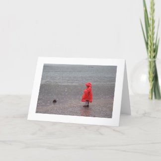 Child with red raincoat in the rain thank you card