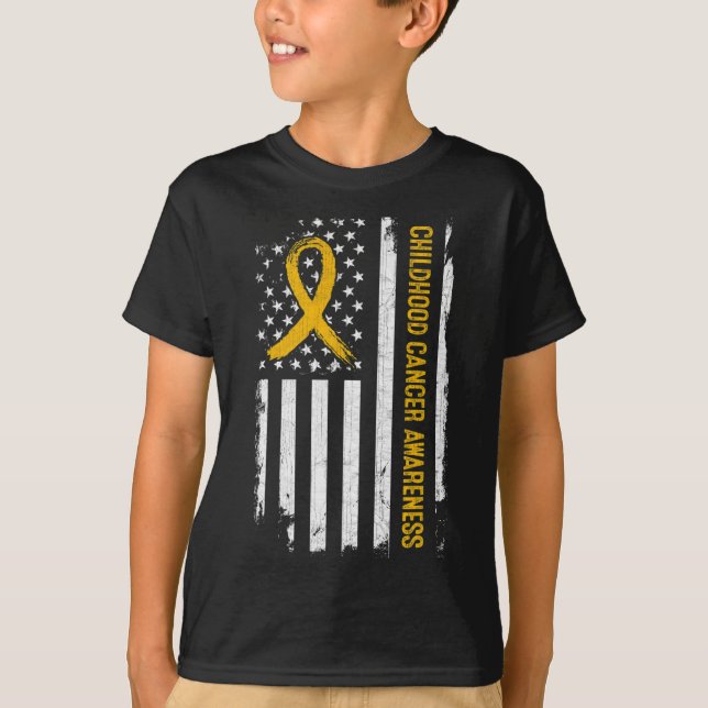 Childhood Cancer Awareness American Flag - Gold Ri T-Shirt (Front)