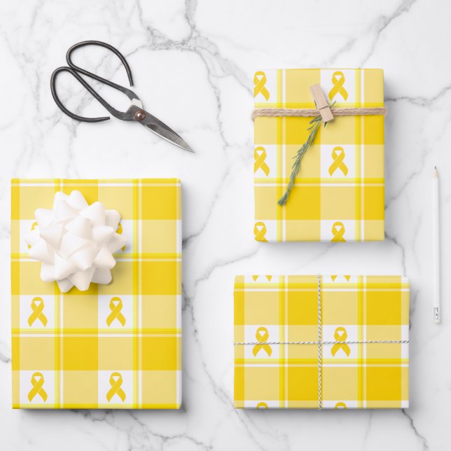 Childhood Cancer Awareness Plaid Gold Ribbon Wrapping Paper Sheet (Front)