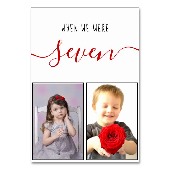 Childhood Photos Age 7 Modern Red Script Wedding Table Number (Front)