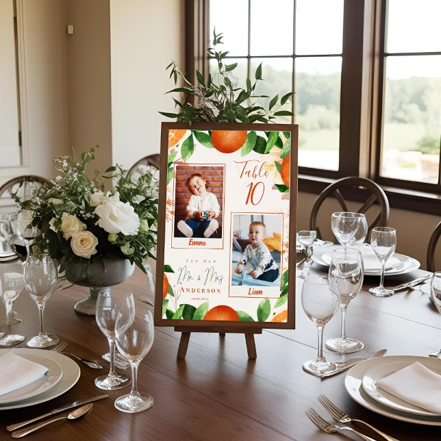 Childhood Photos Of Bride & Groom Orange Wedding Table Number (Childhood Photos Of Bride & Groom Orange Wedding Table Number)