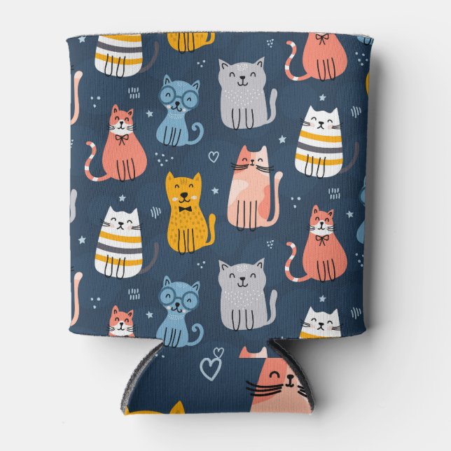 Childish Cute Cats Seamless Design Can Cooler (Front)
