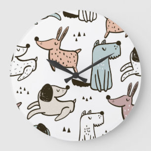 Childish dogs, hand drawn, trendy pattern. large clock