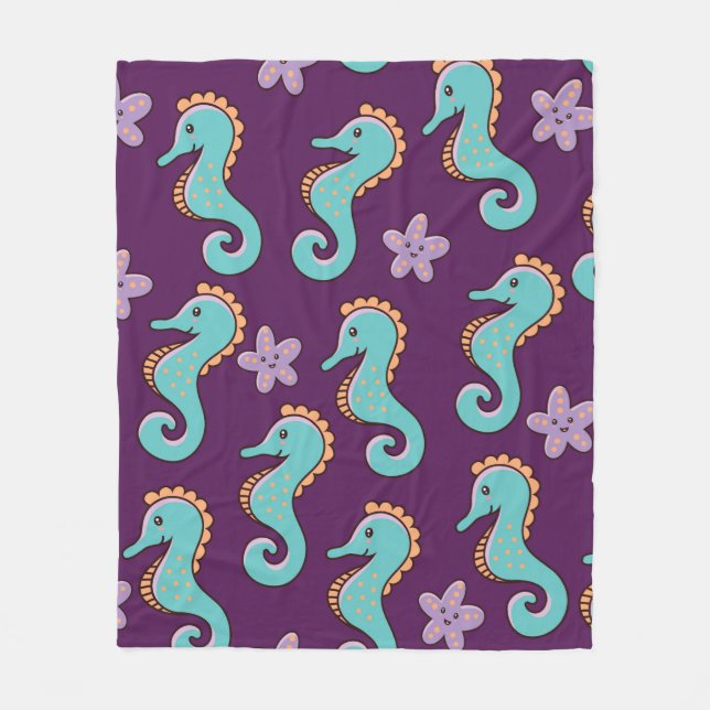 childish nautical seamless pattern with seahorses  fleece blanket (Front)
