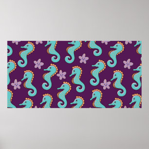 childish nautical seamless pattern with seahorses poster