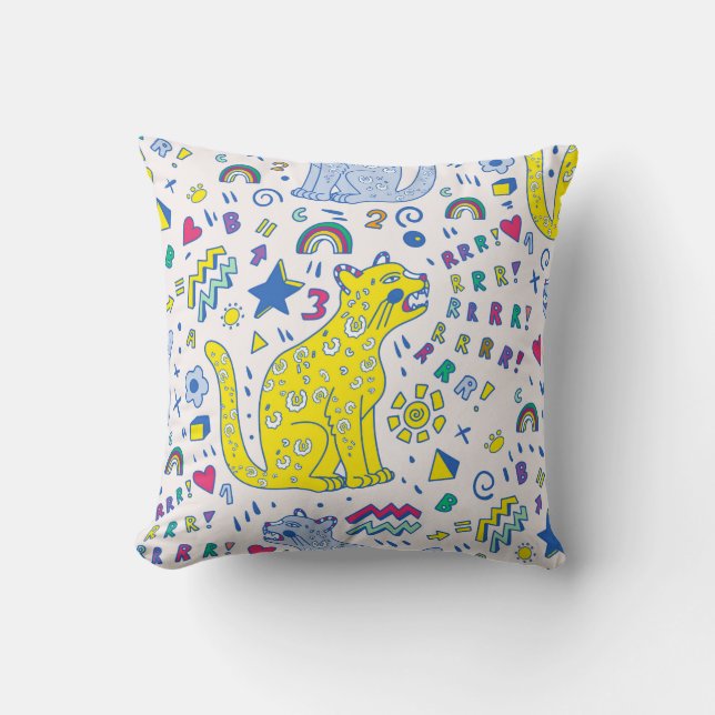 childish pattern with tiger,  letters,  rainbows,  cushion (Front)