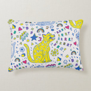 childish pattern with tiger, letters, rainbows, decorative cushion