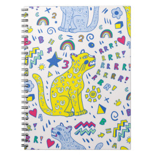 childish pattern with tiger, letters, rainbows, notebook
