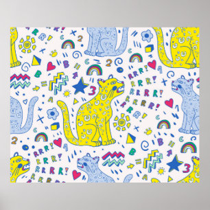 childish pattern with tiger,  letters,  rainbows,  poster