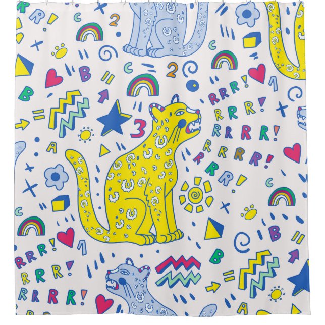 childish pattern with tiger,  letters,  rainbows,  shower curtain (Front)