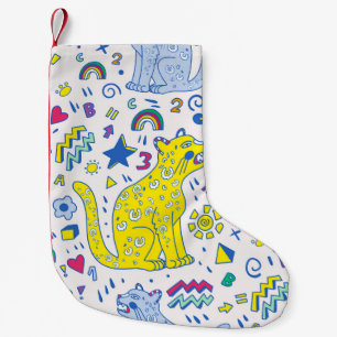 childish pattern with tiger, letters, rainbows, small christmas stocking