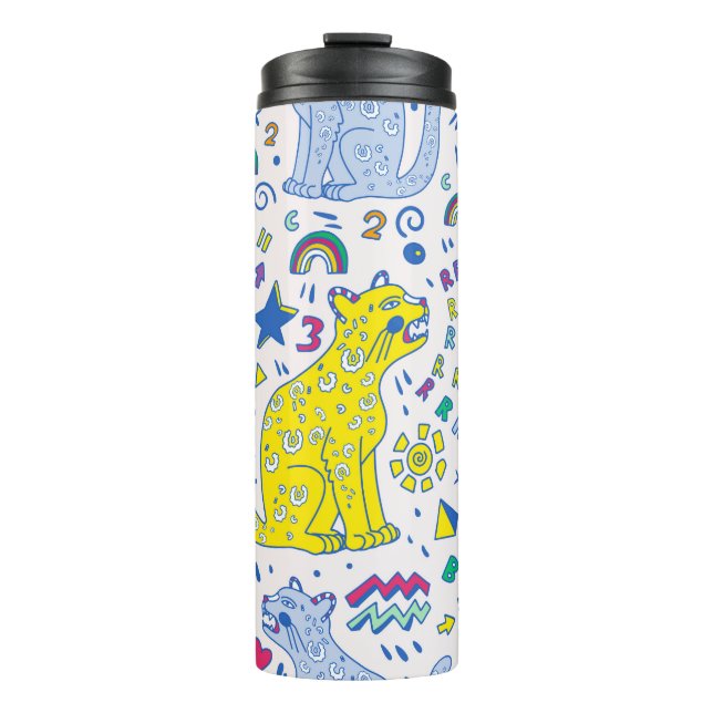 childish pattern with tiger,  letters,  rainbows,  thermal tumbler (Front)