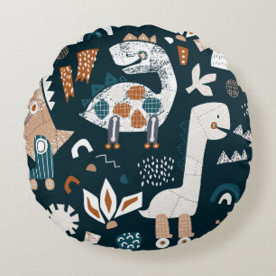 Childish seamless pattern with hand drawn dinosaur round cushion