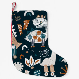 Childish seamless pattern with hand drawn dinosaur small christmas stocking