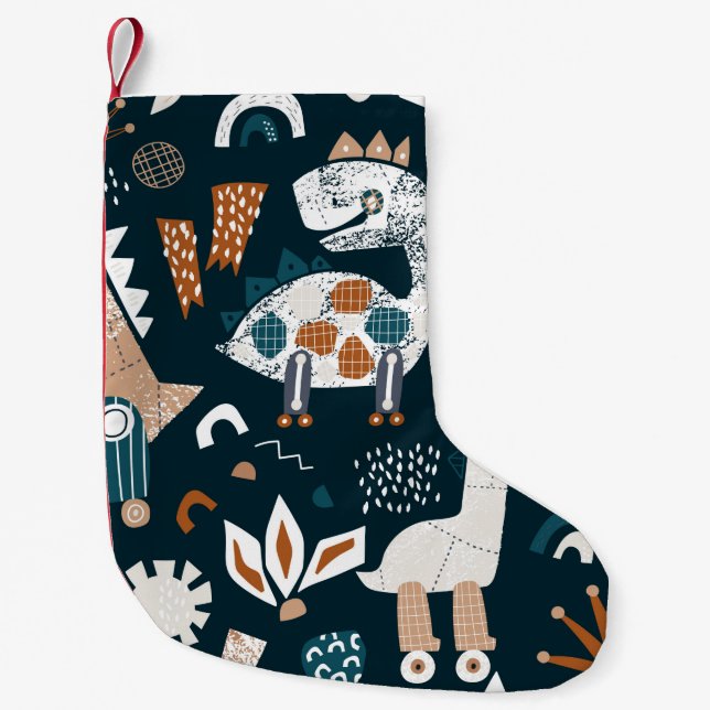 Childish seamless pattern with hand drawn dinosaur small christmas stocking (Front)