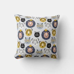 Childish seamless pattern with hand drawn lions ti cushion