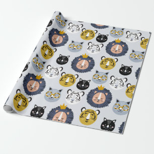 Childish seamless pattern with hand drawn lions ti wrapping paper