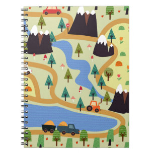 Childish seamless pattern with mountains, river, f notebook