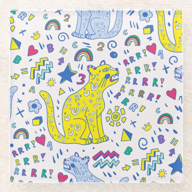 Childish Tiger and Rainbow Pattern Glass Coaster (Front)
