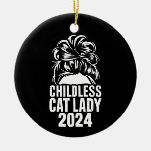 Childless Cat Lady 2024 Messy Bun American Flag Ceramic Tree Decoration