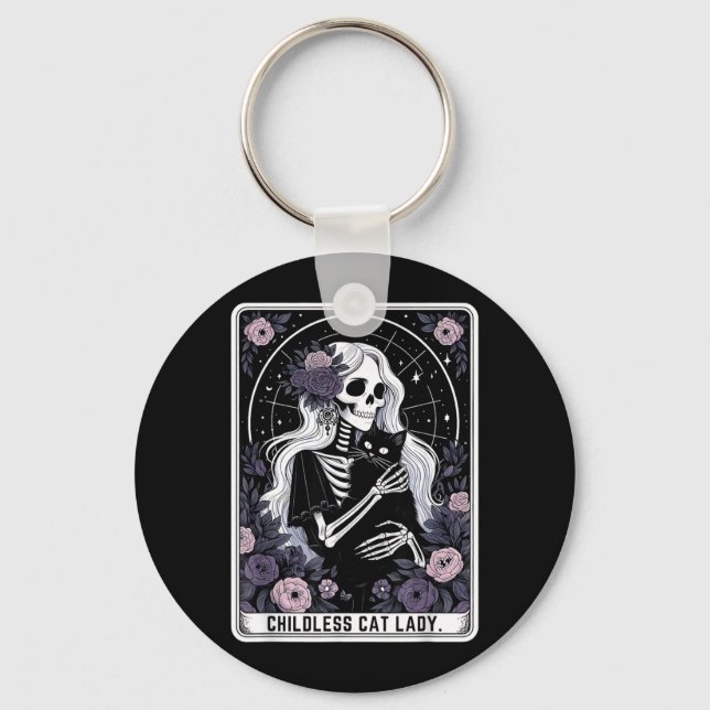 Childless Cat Lady Cute Gothic Skeleton Tarot Card Key Ring (Front)