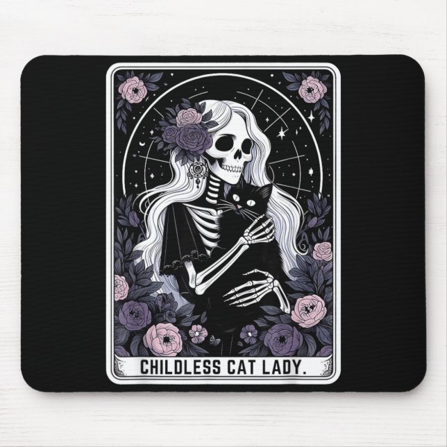 Childless Cat Lady Cute Gothic Skeleton Tarot Card Mouse Pad (Front)