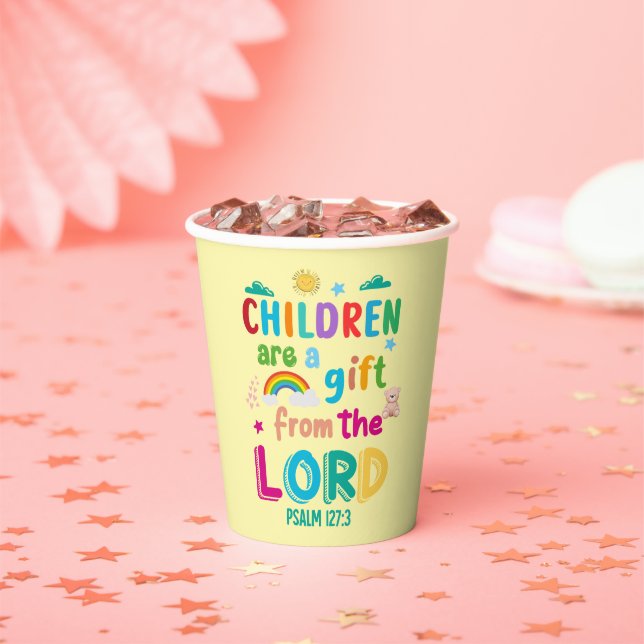 “Children Are a Gift from the Lord” (Cream) Party Paper Cups (Insitu)