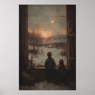 Children At Window With Sunset, Rustic Farmhouse Poster