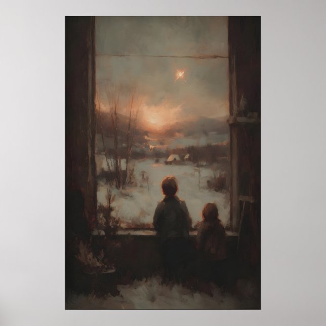 Children At Window With Sunset, Rustic Farmhouse Poster (Front)
