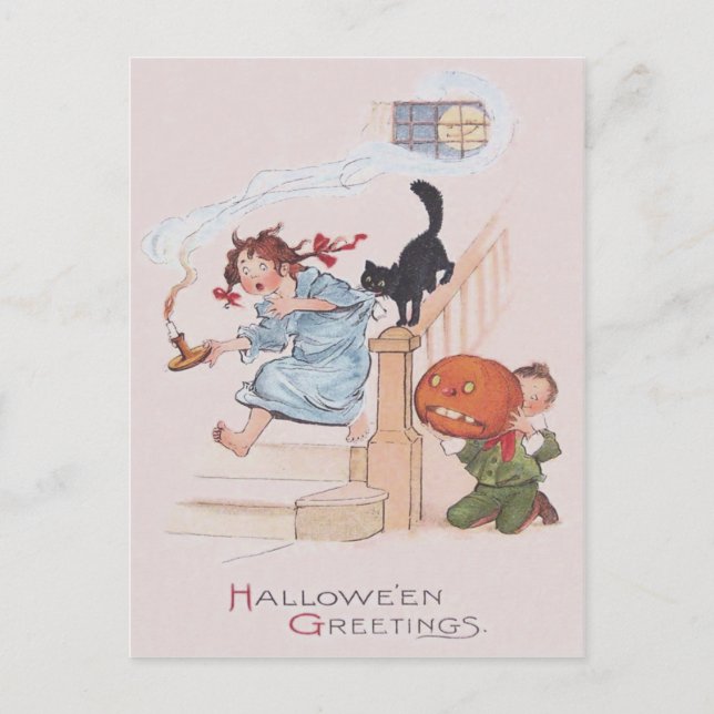 Children Black Cat Jack O Lantern Full Moon Postcard (Front)