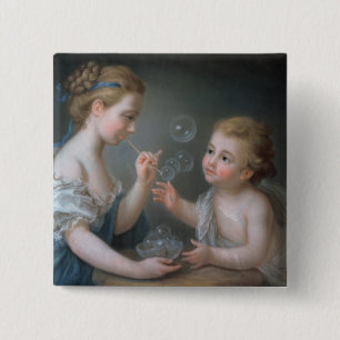 Children blowing bubbles 15 cm square badge