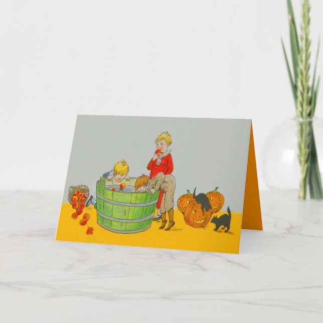 Children Bobbing For Apples Jack O' Lantern Card (Front)