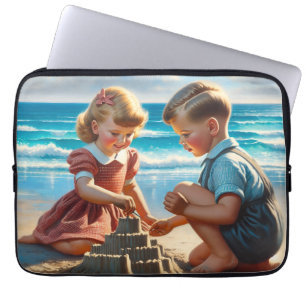Children Building a Sandcastle on the Beach Laptop Sleeve