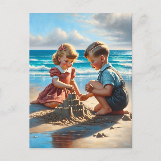Children Building a Sandcastle on the Beach  Postcard (Front)